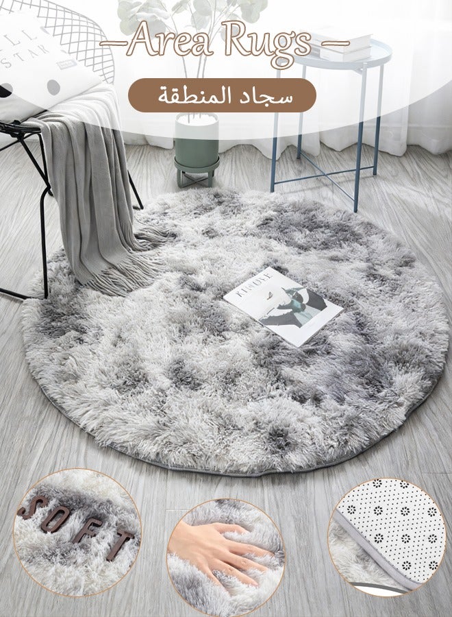 LOKIPA Modern Tie-Dyed Round Area Rug - Ultra Soft Hypoallergenic Plush Shag Rug for Kids & Teens, Non-Slip Circle Floor Mat,Safe Play Nursery Bedroom Carpet, Light Grey Boho Decor - Image 1